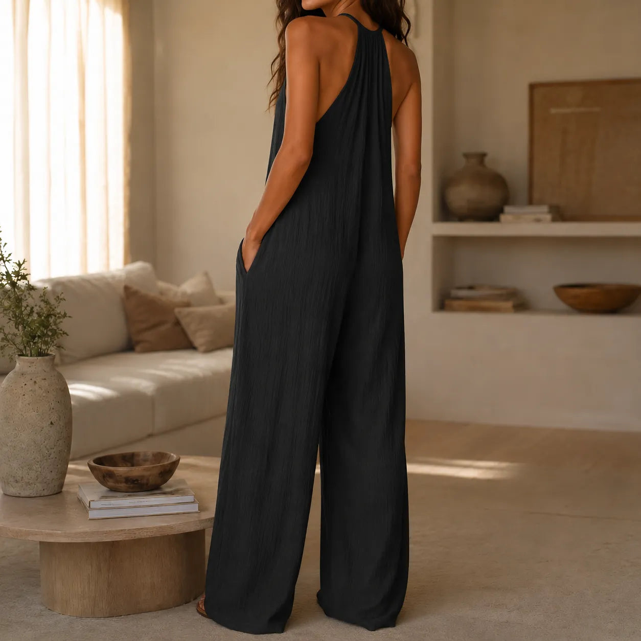 Drevana – Halter Wide-Leg Jumpsuit with Deep Pockets, Flowy Drape