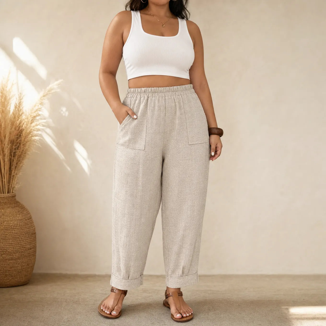 Loriane – Women's Cuffed Ankle Pull-On Pants, Relaxed Fit, Elastic Waist