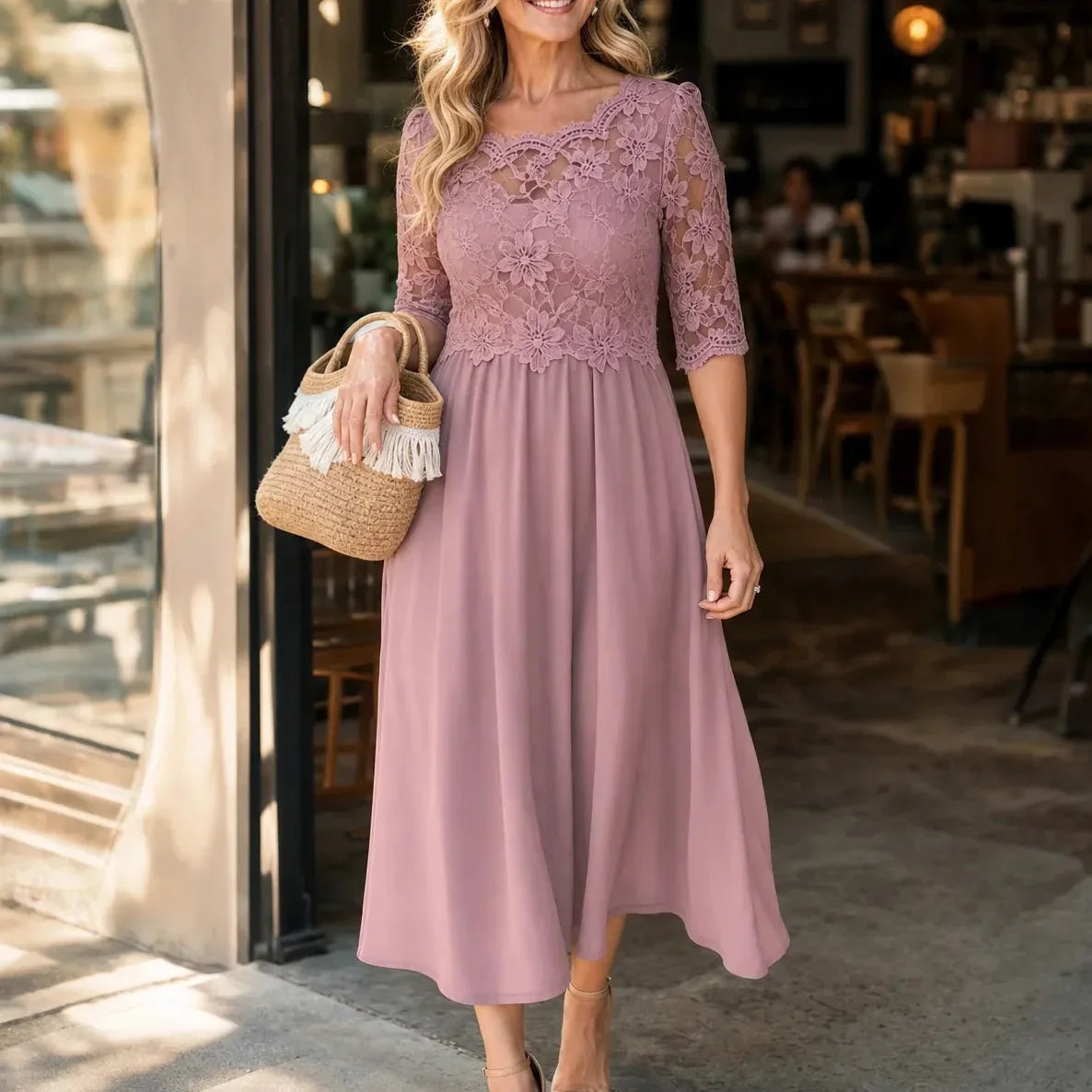 Florenza – Floral Lace-look Bodice Midi Dress with Flowy Skirt