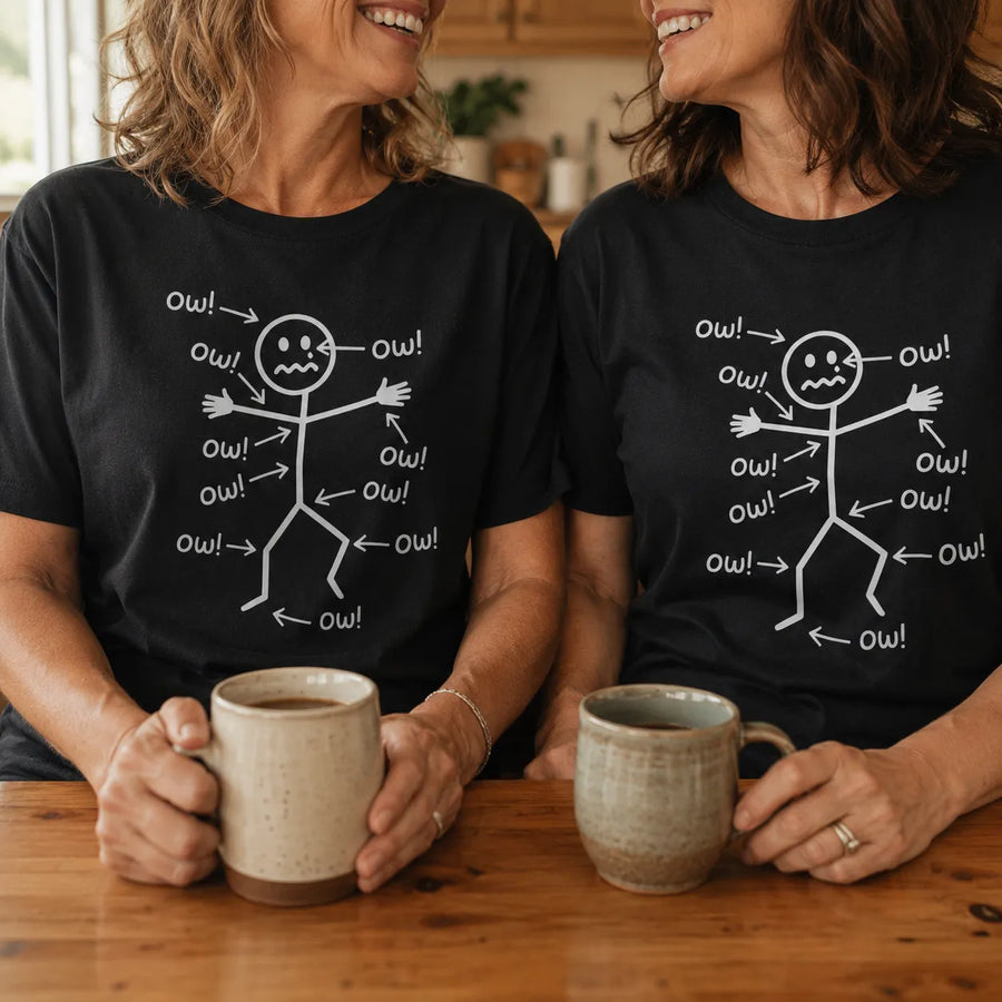 Achewear – Funny "Ow!" Stick Figure Graphic Tee, Relaxed Fit Cotton-like T-Shirt for Women & Men