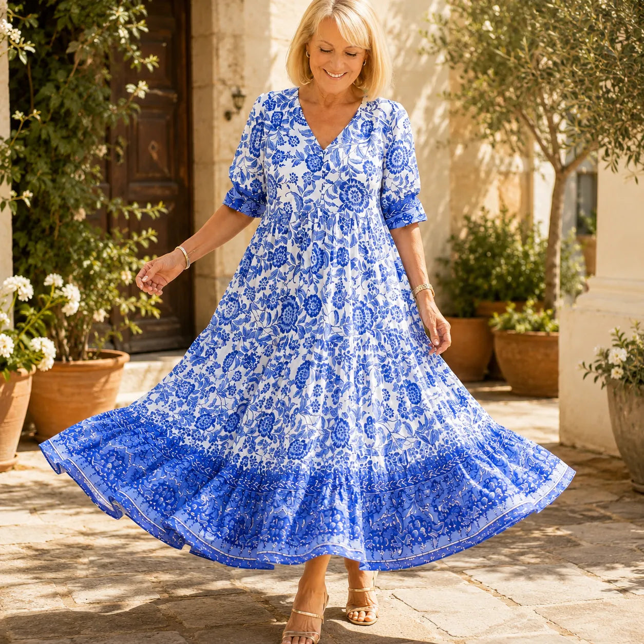 Florenza – Boho V-Neck Floral Midi Dress with Tiered Hem