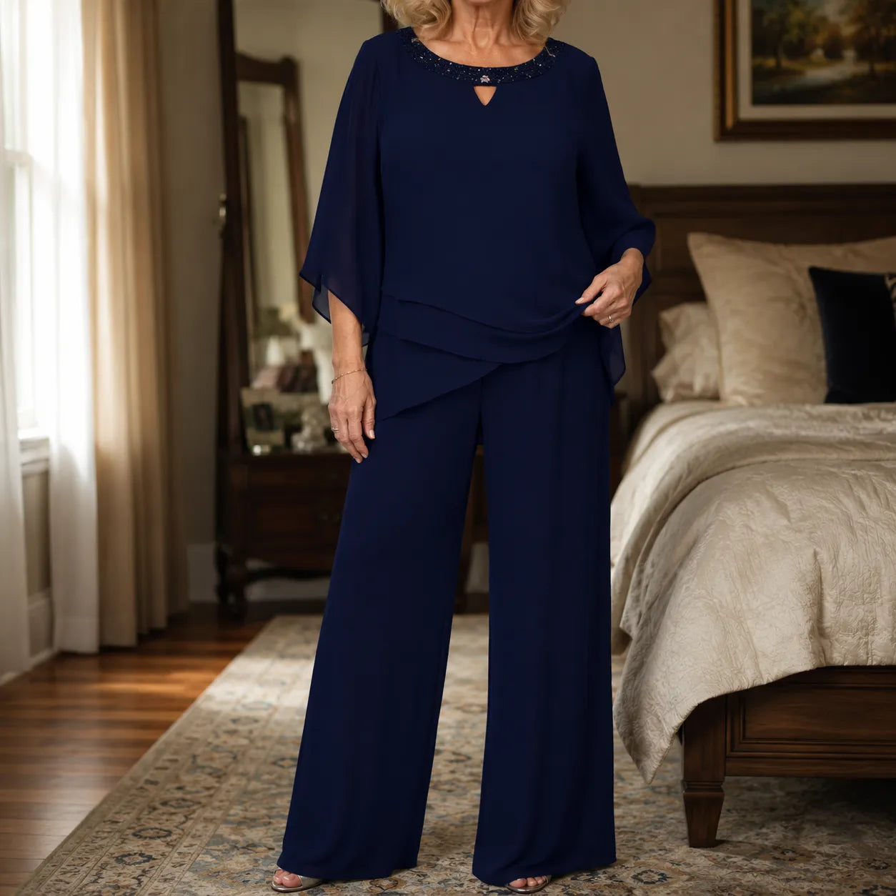 Elowen – Layered Chiffon-like Wedding Guest Pant Set for Women
