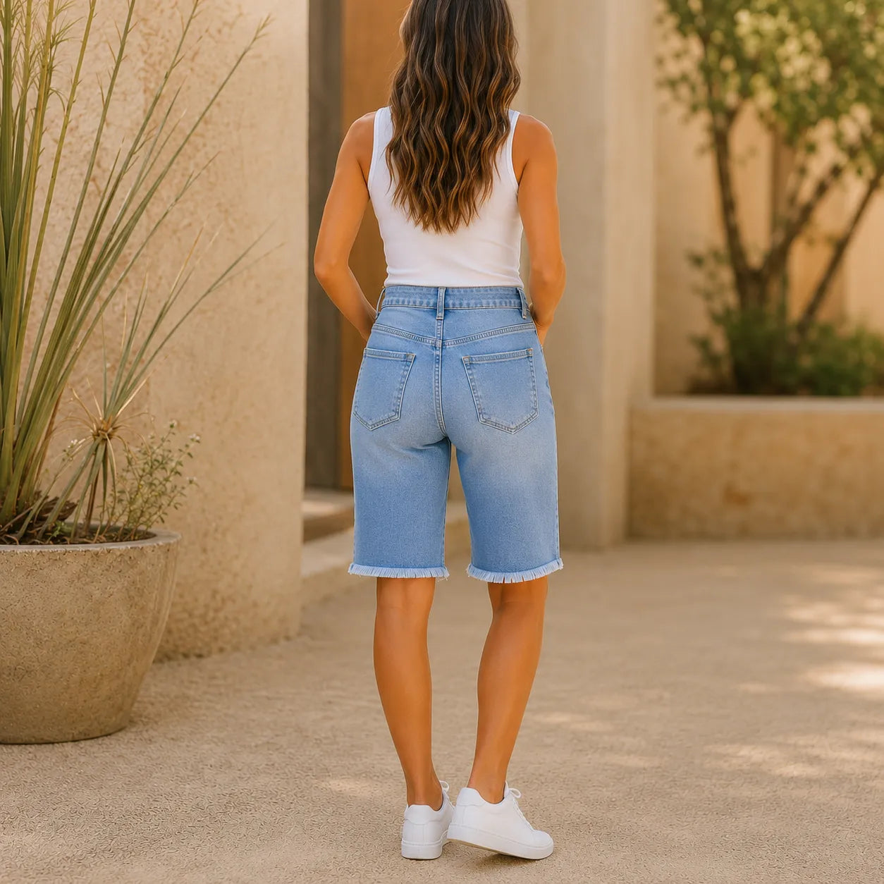 Denimly – High Waisted Frayed Hem Bermuda Shorts with Stretch
