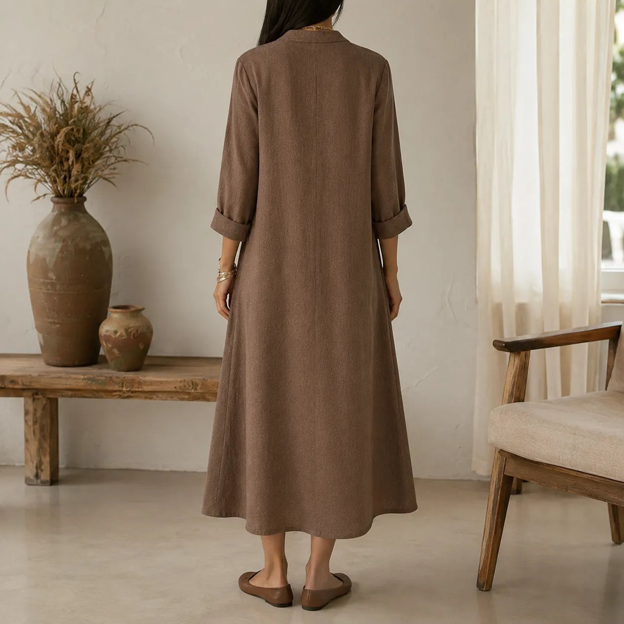 Lunara – Linen-Look V-Neck A-Line Maxi Dress with Pockets