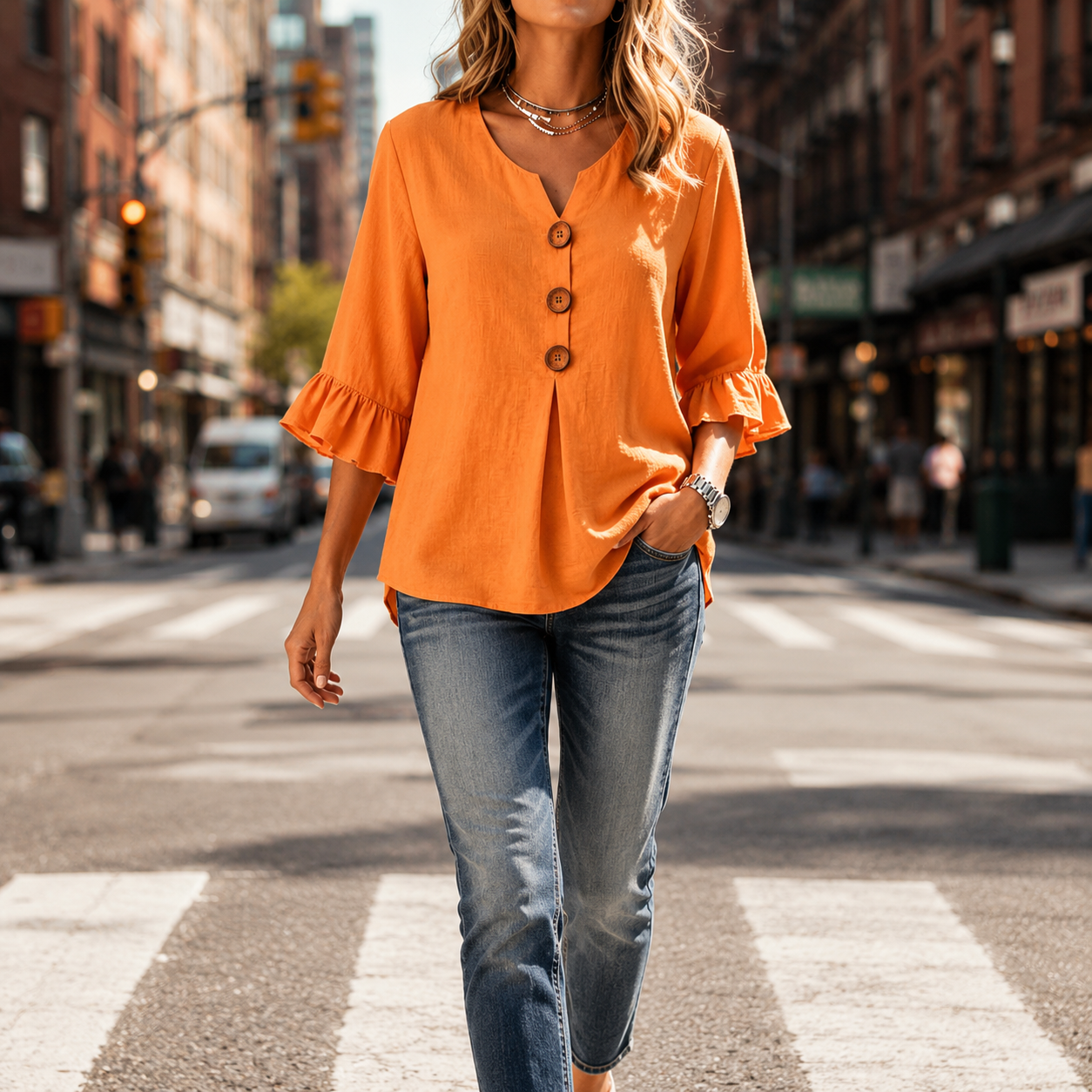 Laurelle – V-Neck Ruffle Sleeve Blouse with Buttons