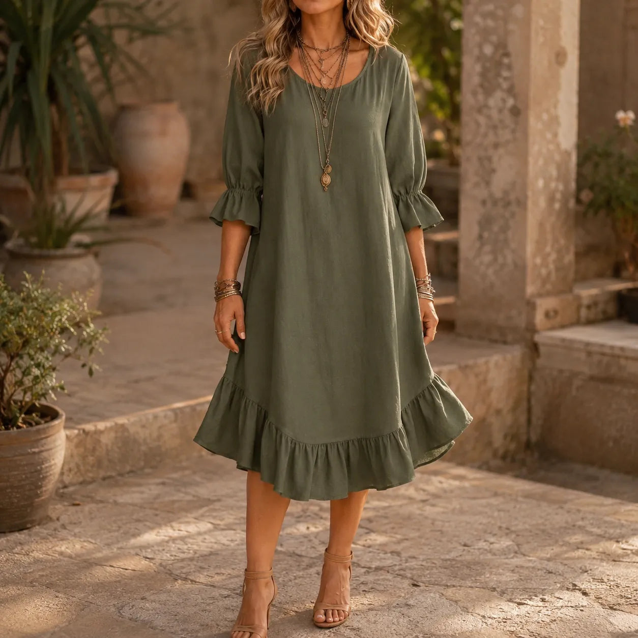 Florenza – Ruffle Hem Midi Dress with Bell Sleeves