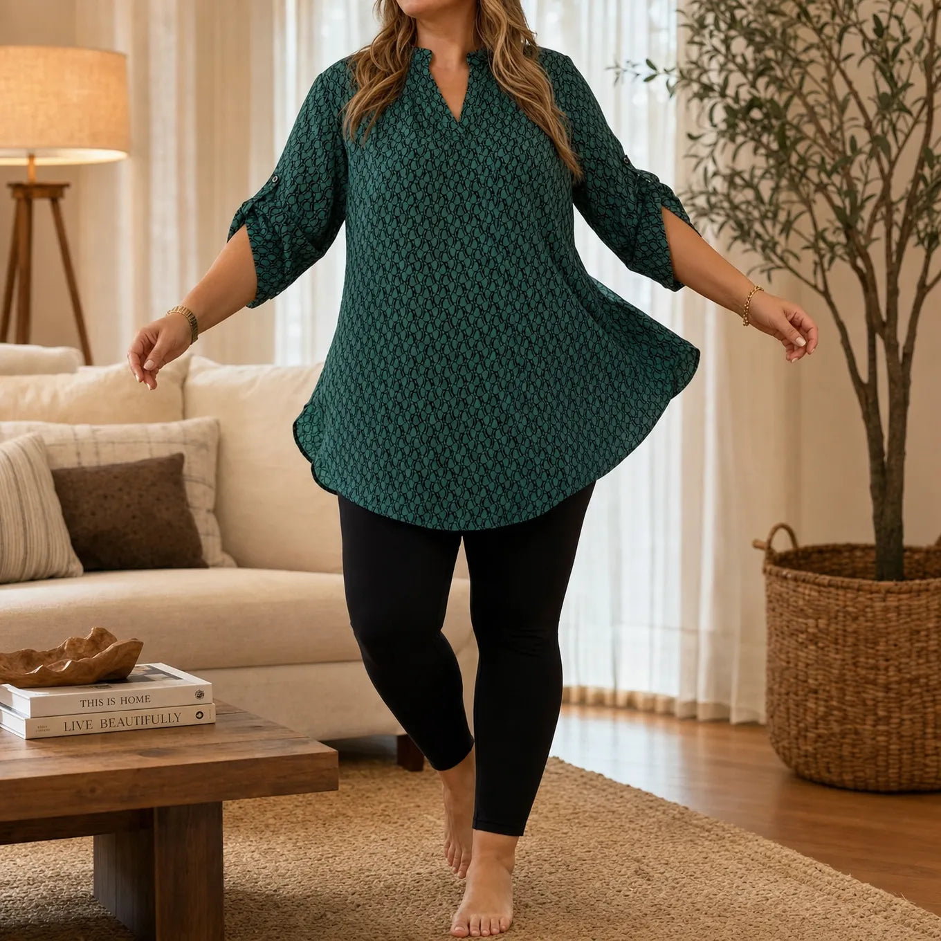 Drapella – Geometric Print V-Neck Tunic Blouse with Roll-Tab Sleeves