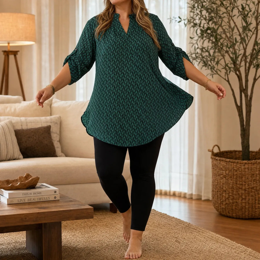 Drapella – Geometric Print V-Neck Tunic Blouse with Roll-Tab Sleeves