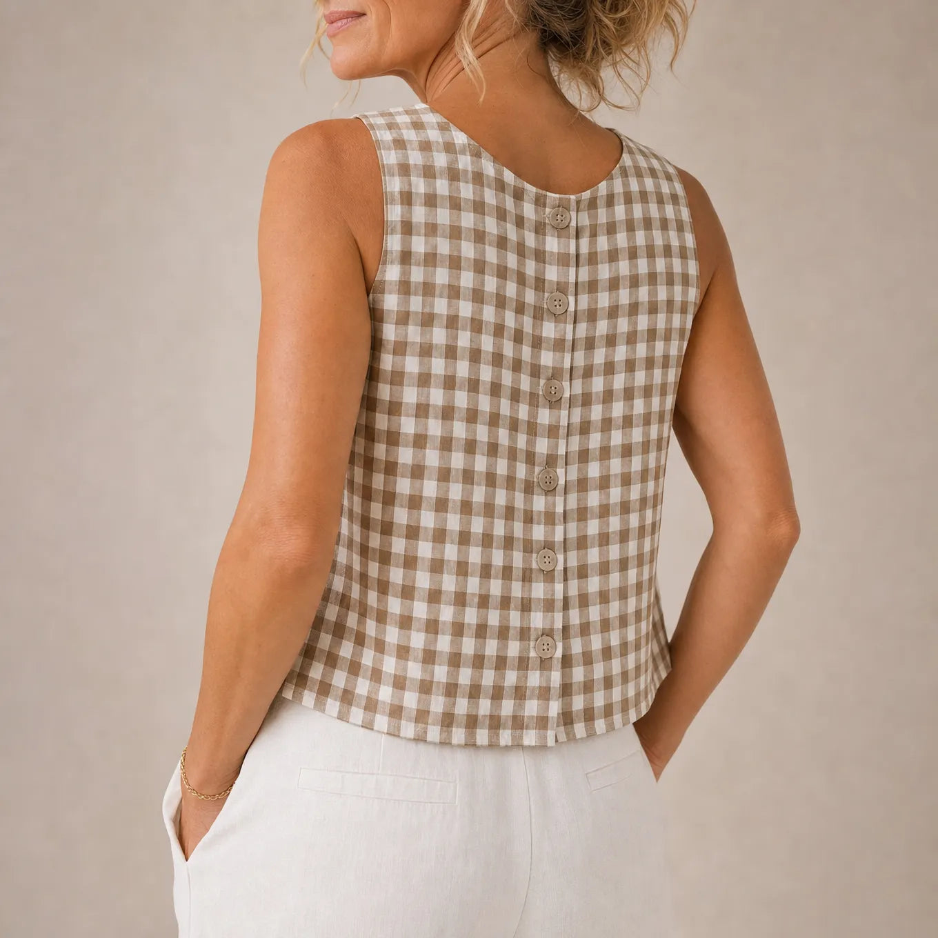 Linelle – Sleeveless Gingham Shell Top for Women, Boxy A-Line Summer Blouse