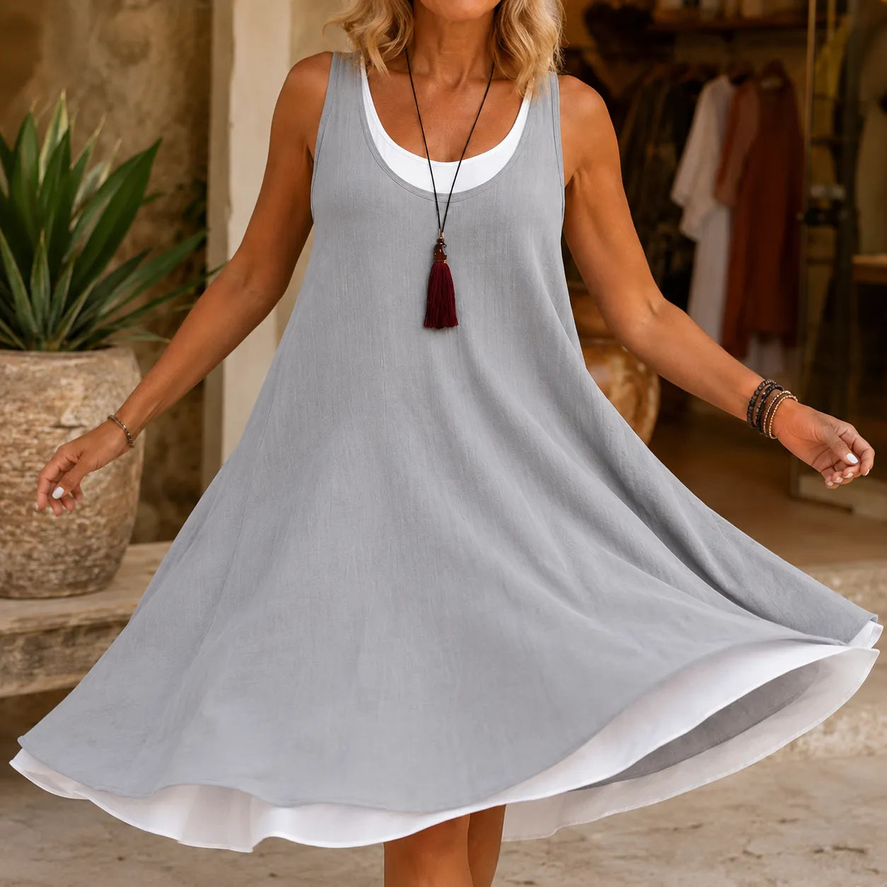Ellavia – Layered Tank Dress with Mock Two-Piece Design, Sleeveless Sundress