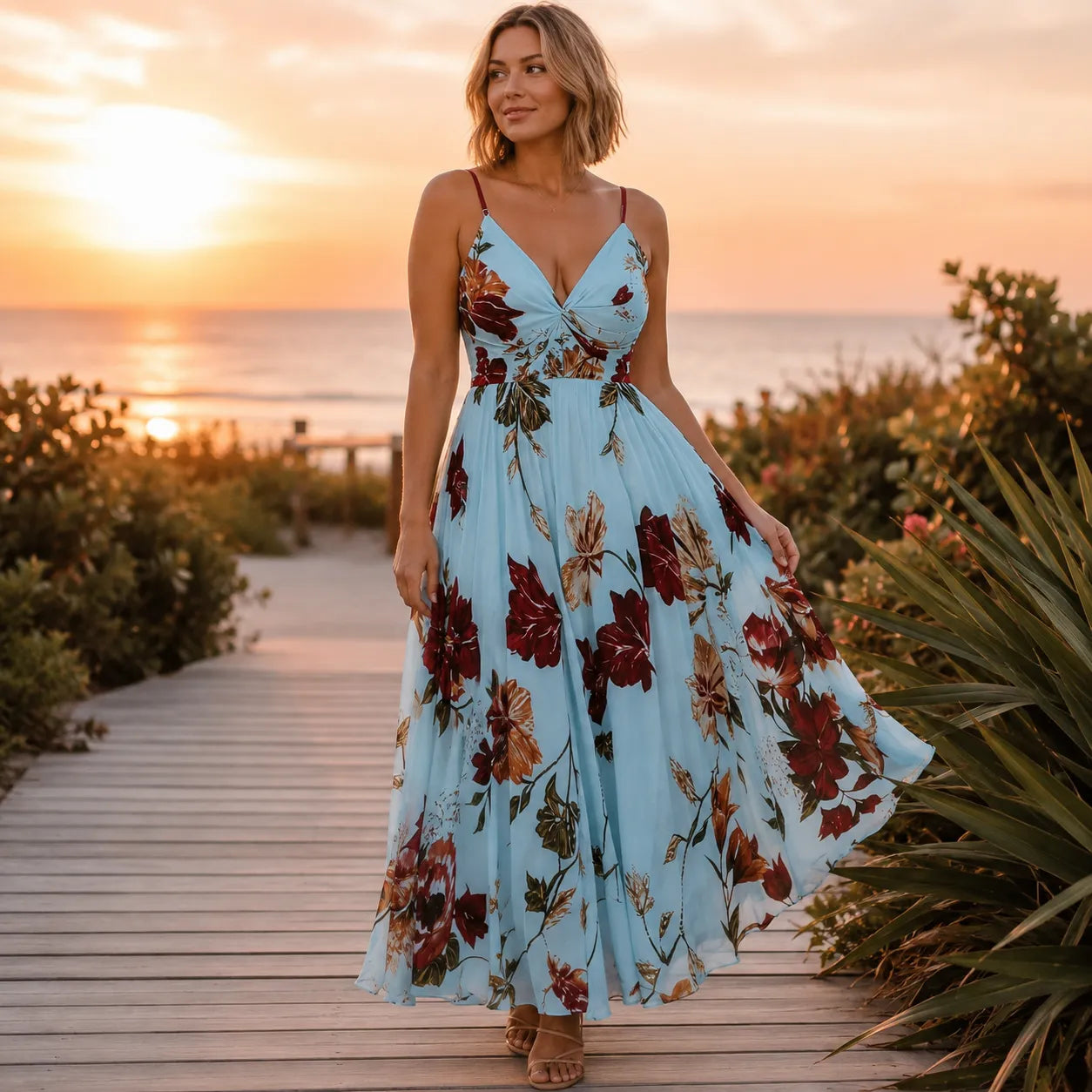 Florenza – Floral Spaghetti Strap Maxi Dress with V-Neck