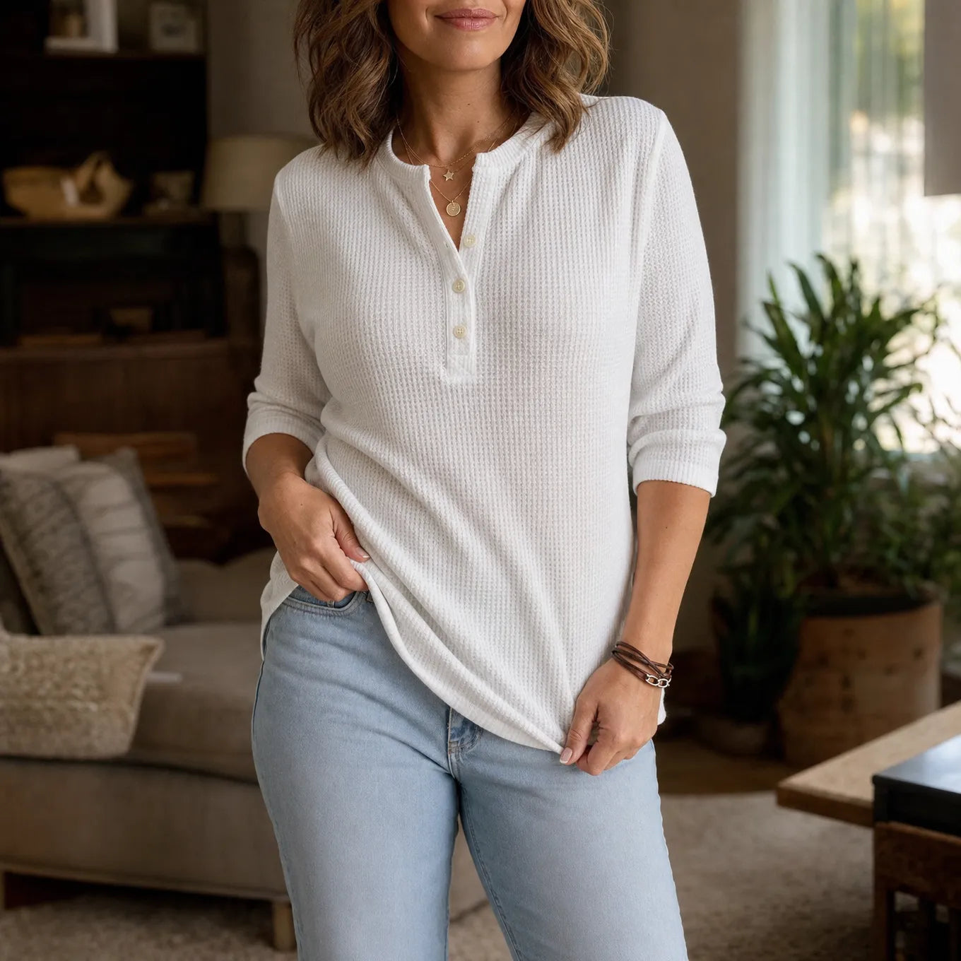 Loravia – Waffle Knit-look Henley Top with Button Placket, 3/4 Sleeve