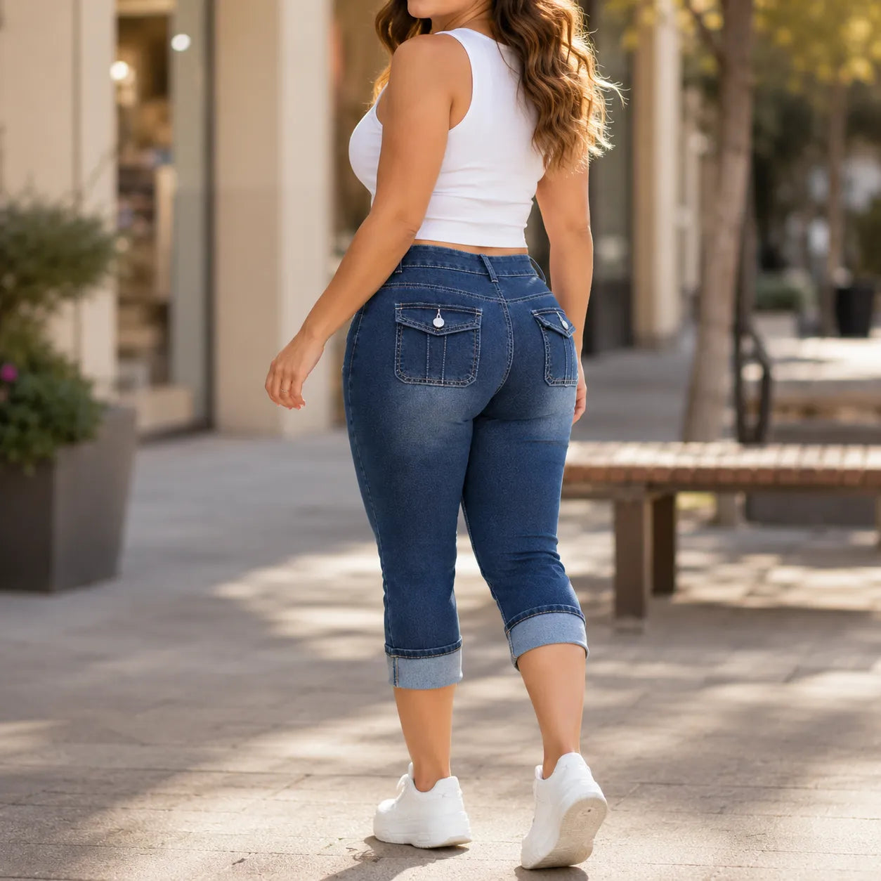 Curvella – Curvy Fit Stretch Denim-like Capri Jeans, Mid Rise Cuffed Hem