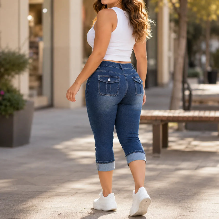 Curvella – Curvy Fit Stretch Denim-like Capri Jeans, Mid Rise Cuffed Hem
