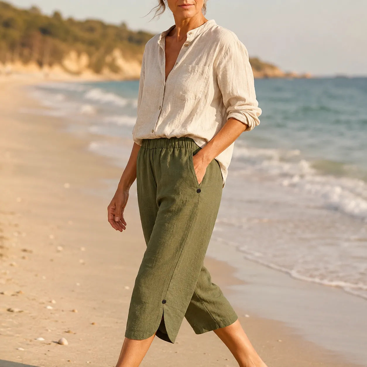 Brisana – Lightweight Linen-Look Capri Pants for Women Soft Elastic Waist