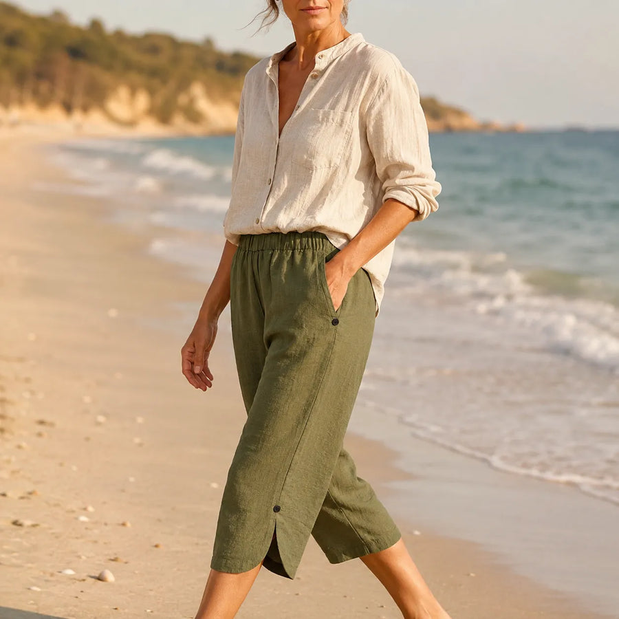 Brisana – Lightweight Linen-Look Capri Pants for Women Soft Elastic Waist