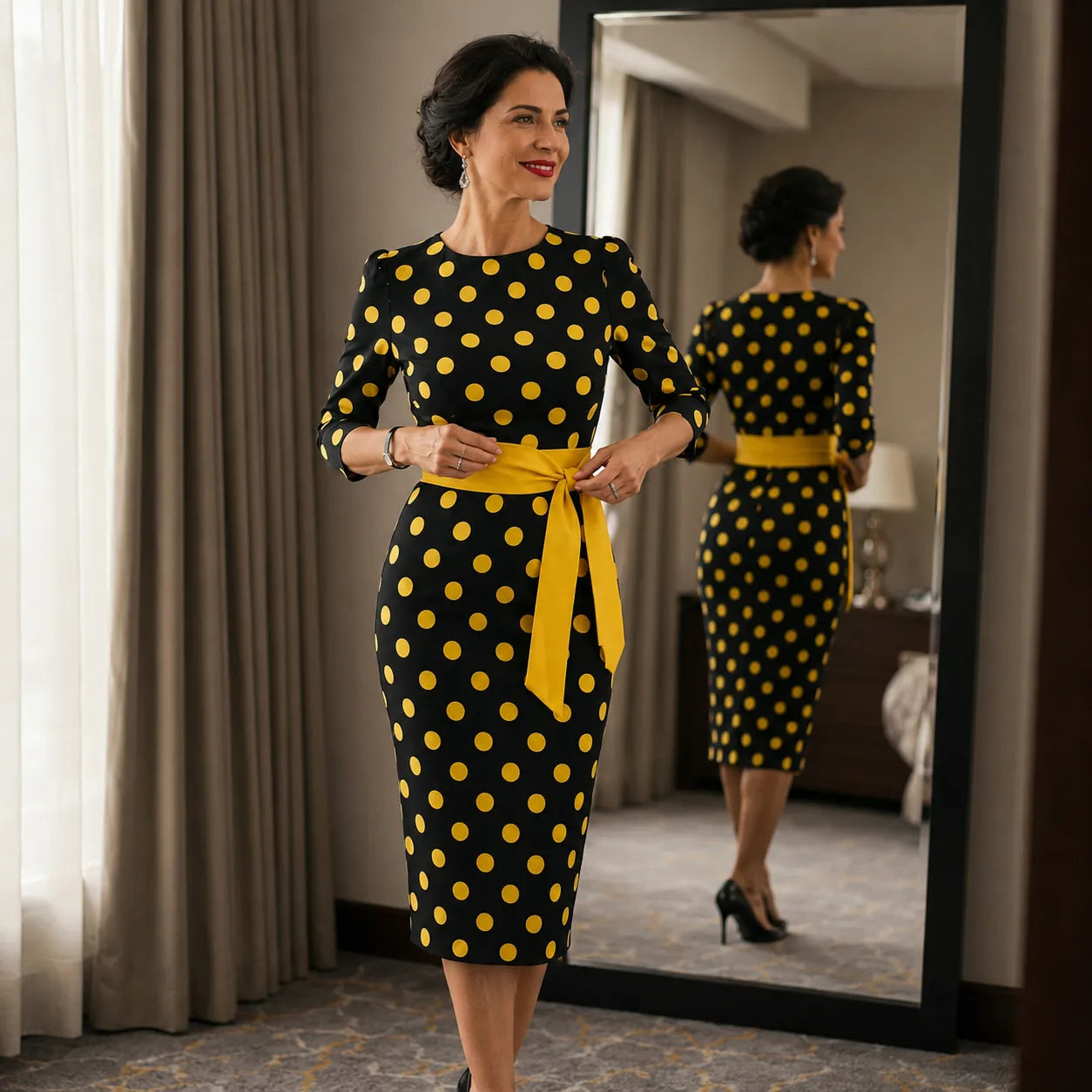 Belora – Retro Polka Dot Midi Dress with Belted Waist