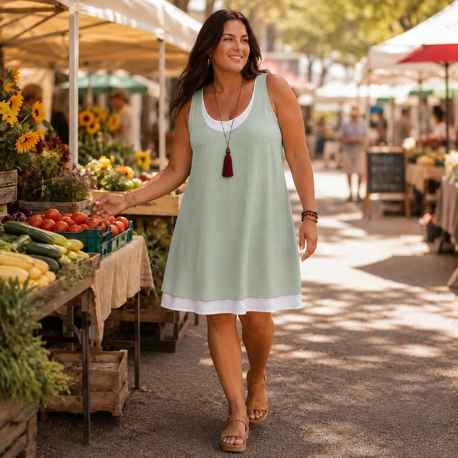 Breezella – Layered Summer Swing Dress, Sleeveless Two-Piece-like Design
