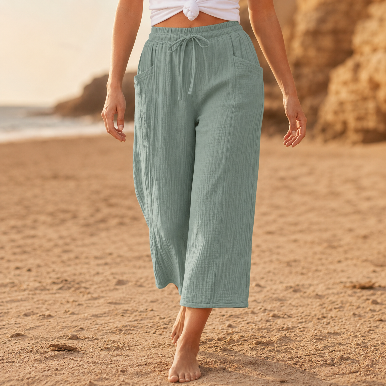 Linelle – Women's Crinkle Wide-Leg Cropped Pants with Pockets