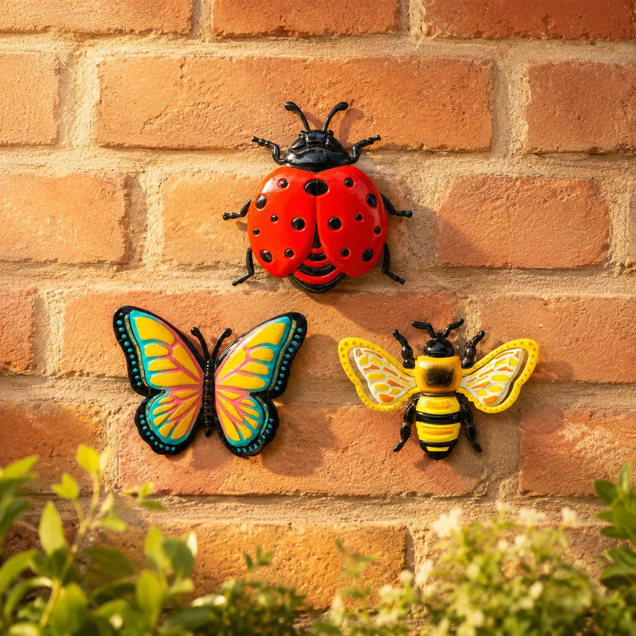 Bloomly – 3D Metal Bee Butterfly and Ladybug Garden Wall Decor Set, Hand-Painted Weatherproof, 3 Pieces
