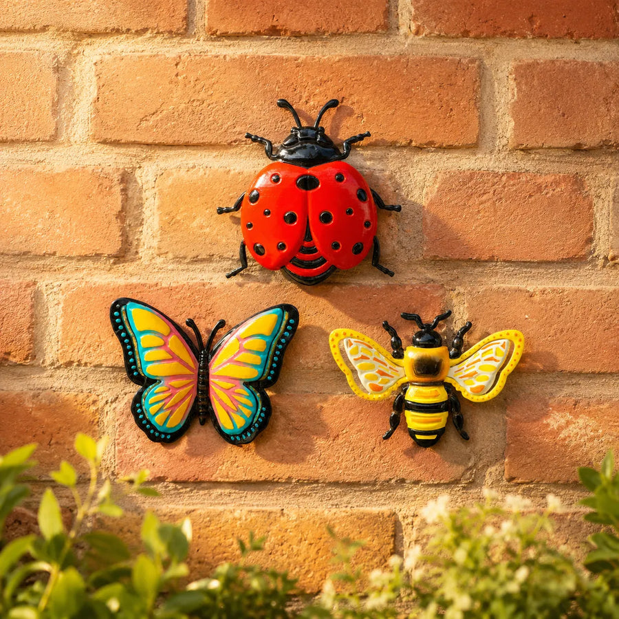 Bloomly – 3D Metal Bee Butterfly and Ladybug Garden Wall Decor Set, Hand-Painted Weatherproof, 3 Pieces