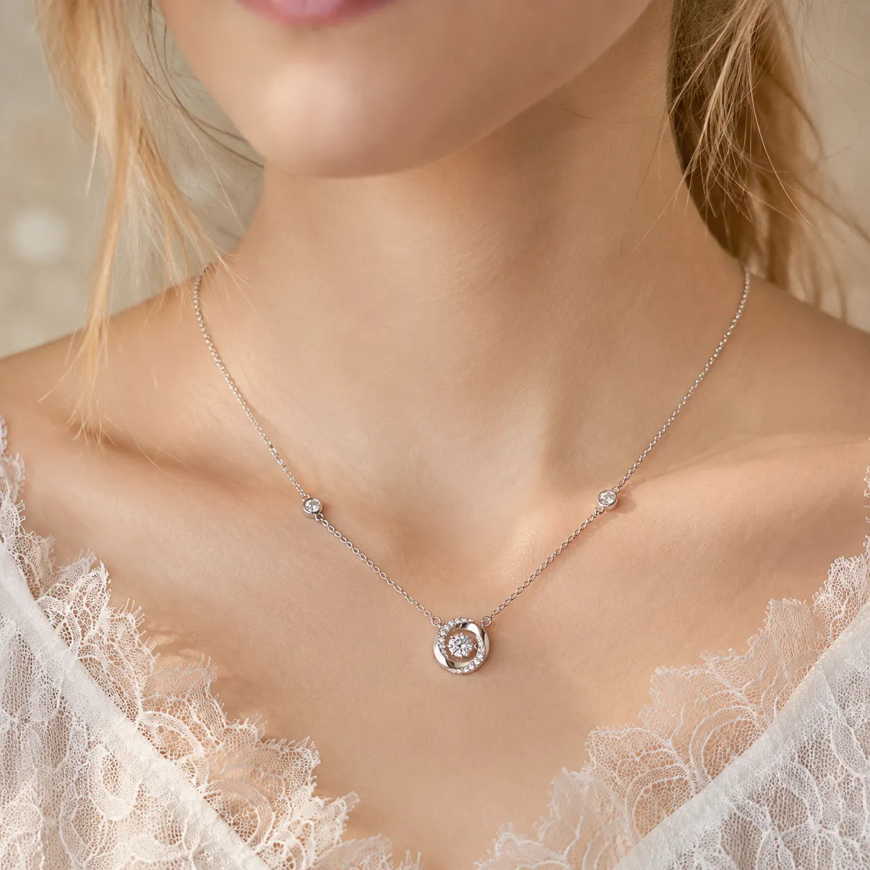 Lunavia – Floating Stone Silver Necklace with Pavé Halo