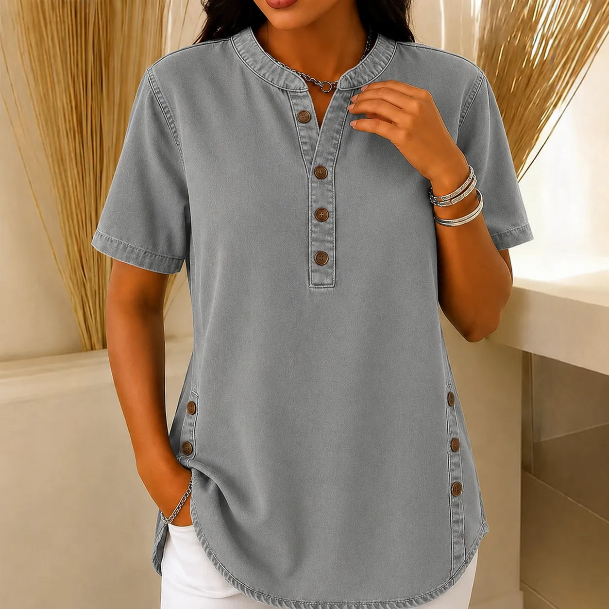 Avelyn – Henley Tunic Top with Side Buttons for Women