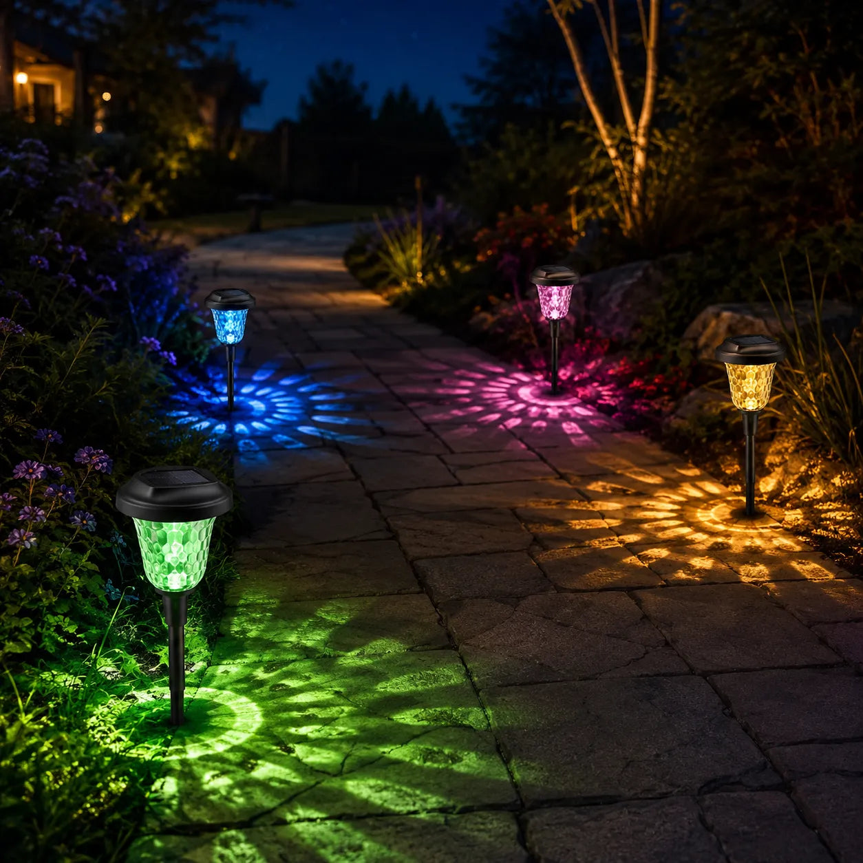 Lumora – Solar Pathway Lights with Color Firework Projection, Waterproof Outdoor Garden Stake Lights