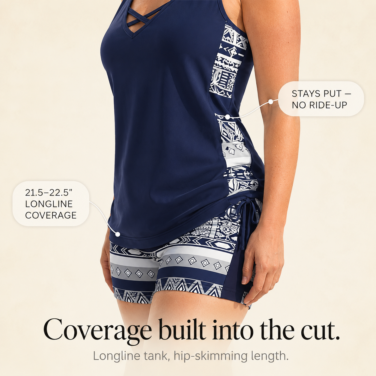 Coastella – Longline Tankini Set with Boyshorts for Women, Full Coverage Two Piece Swimsuit