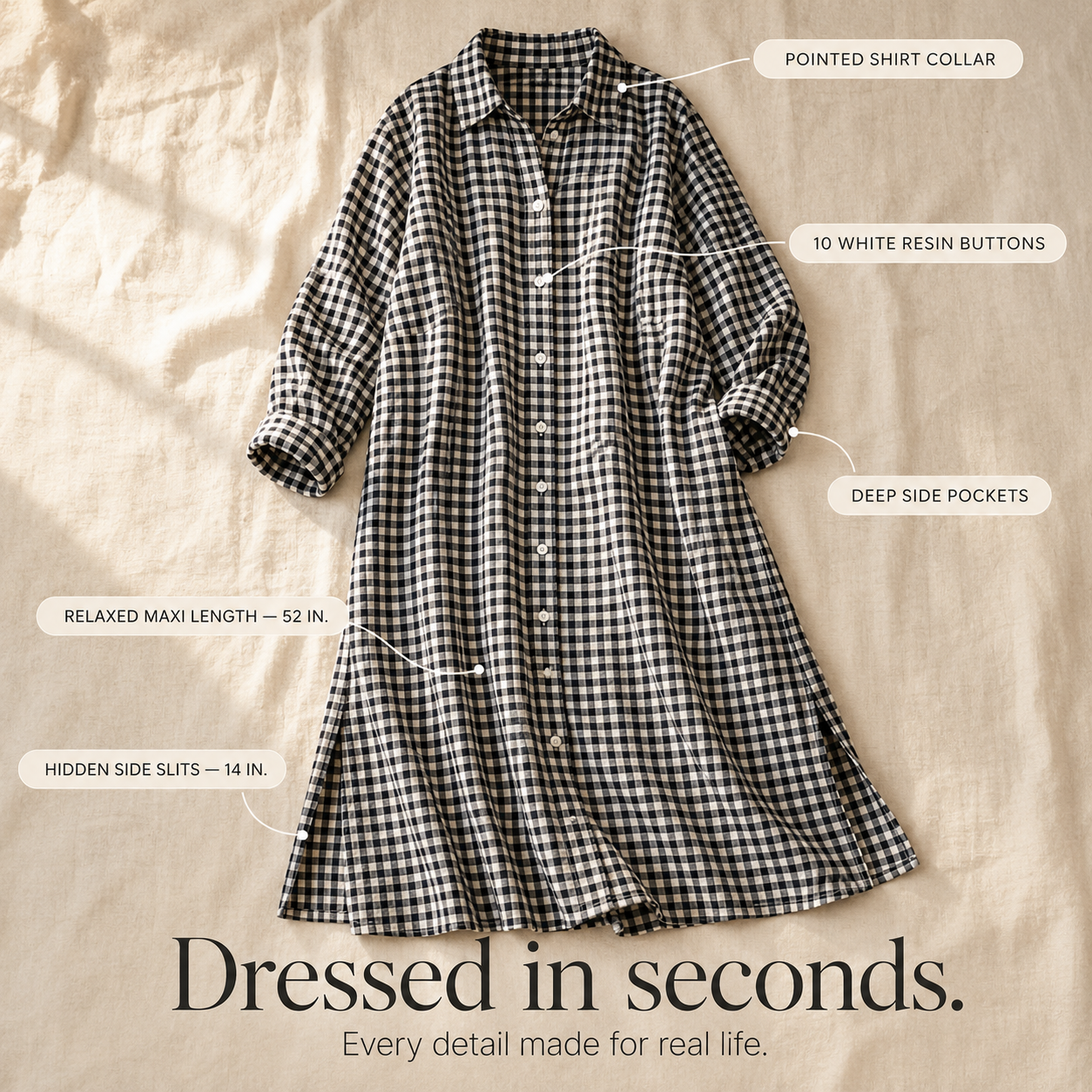 Harlowe – Gingham Button-Front Maxi Shirt Dress with Side Slits
