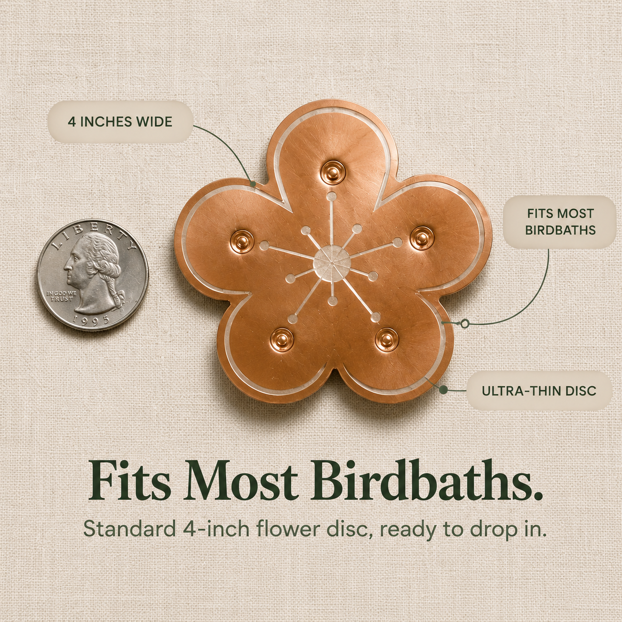Bloomara – Pure Copper Bird Bath Purifier Disc, Algae Control Flower