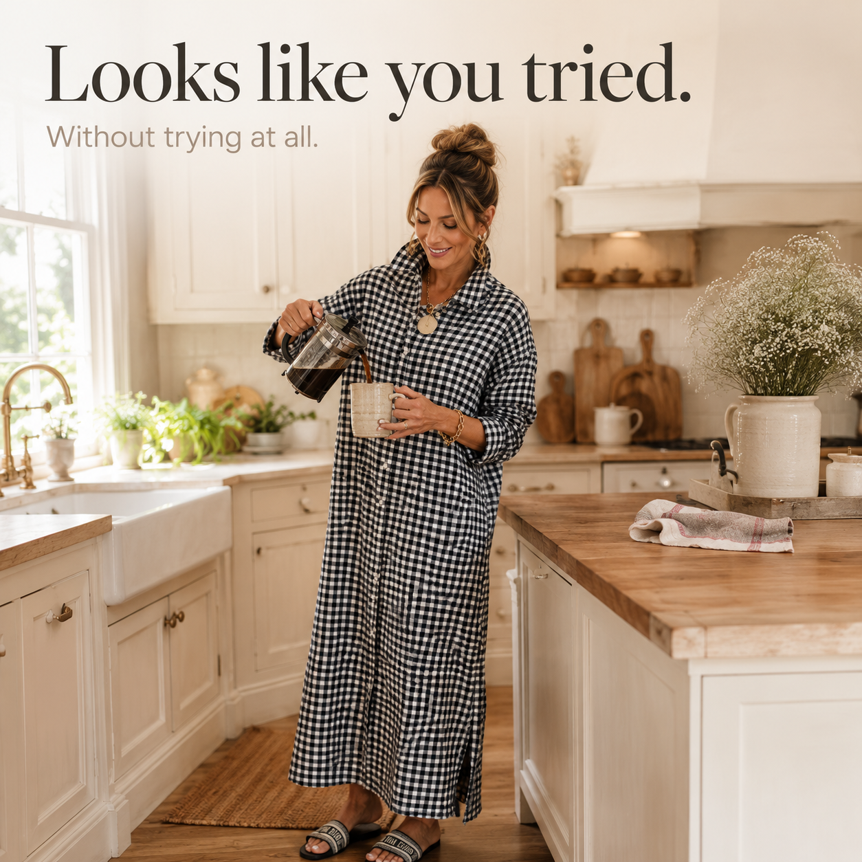 Harlowe – Gingham Button-Front Maxi Shirt Dress with Side Slits