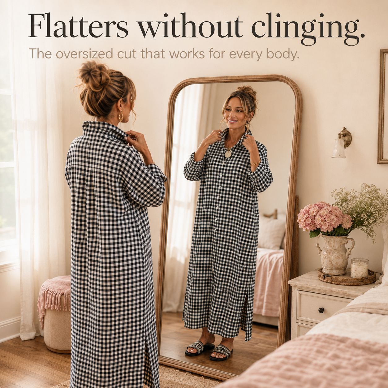 Harlowe – Gingham Button-Front Maxi Shirt Dress with Side Slits
