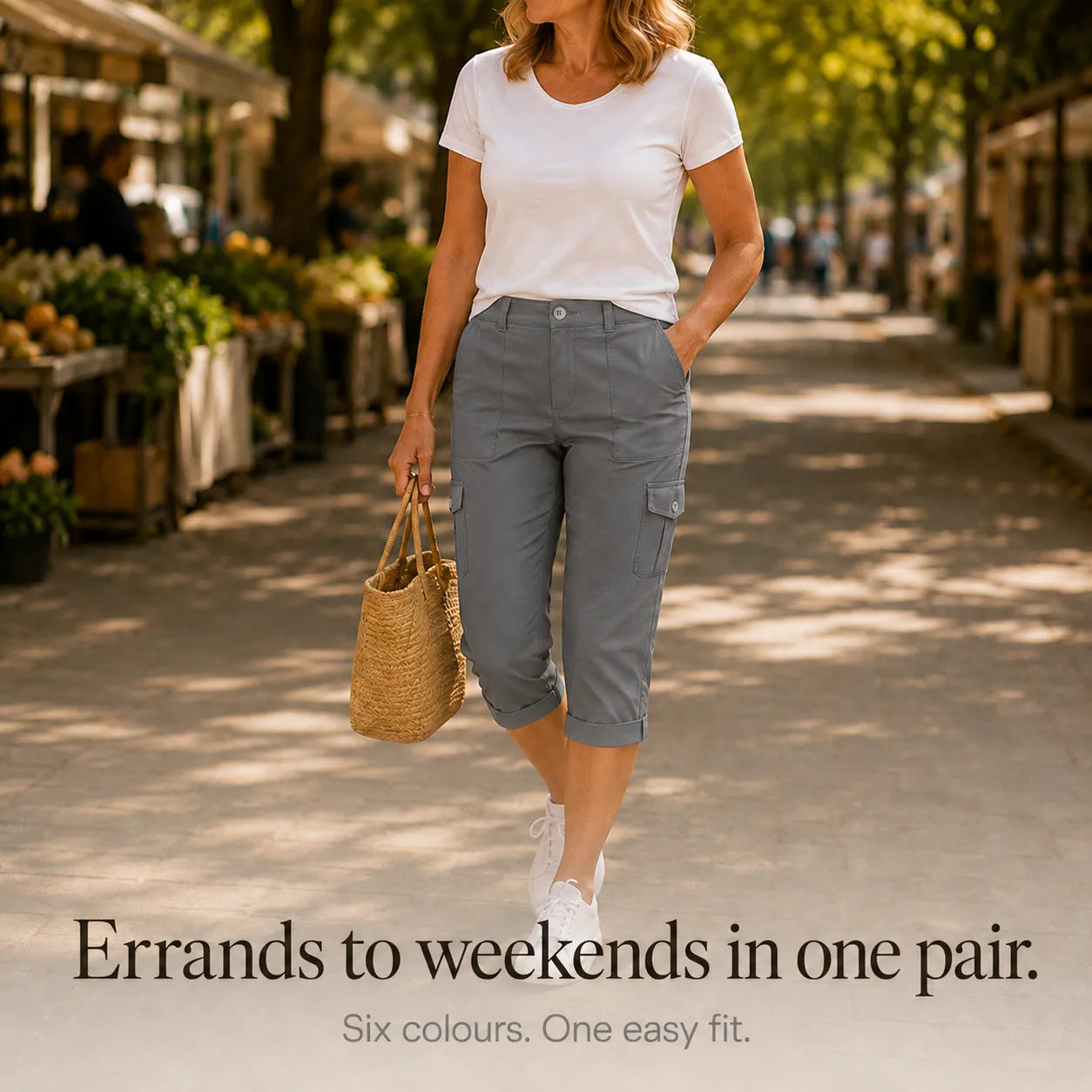 Caliva – Cropped Cargo Capri Pants with Cuffed Hem and Pockets