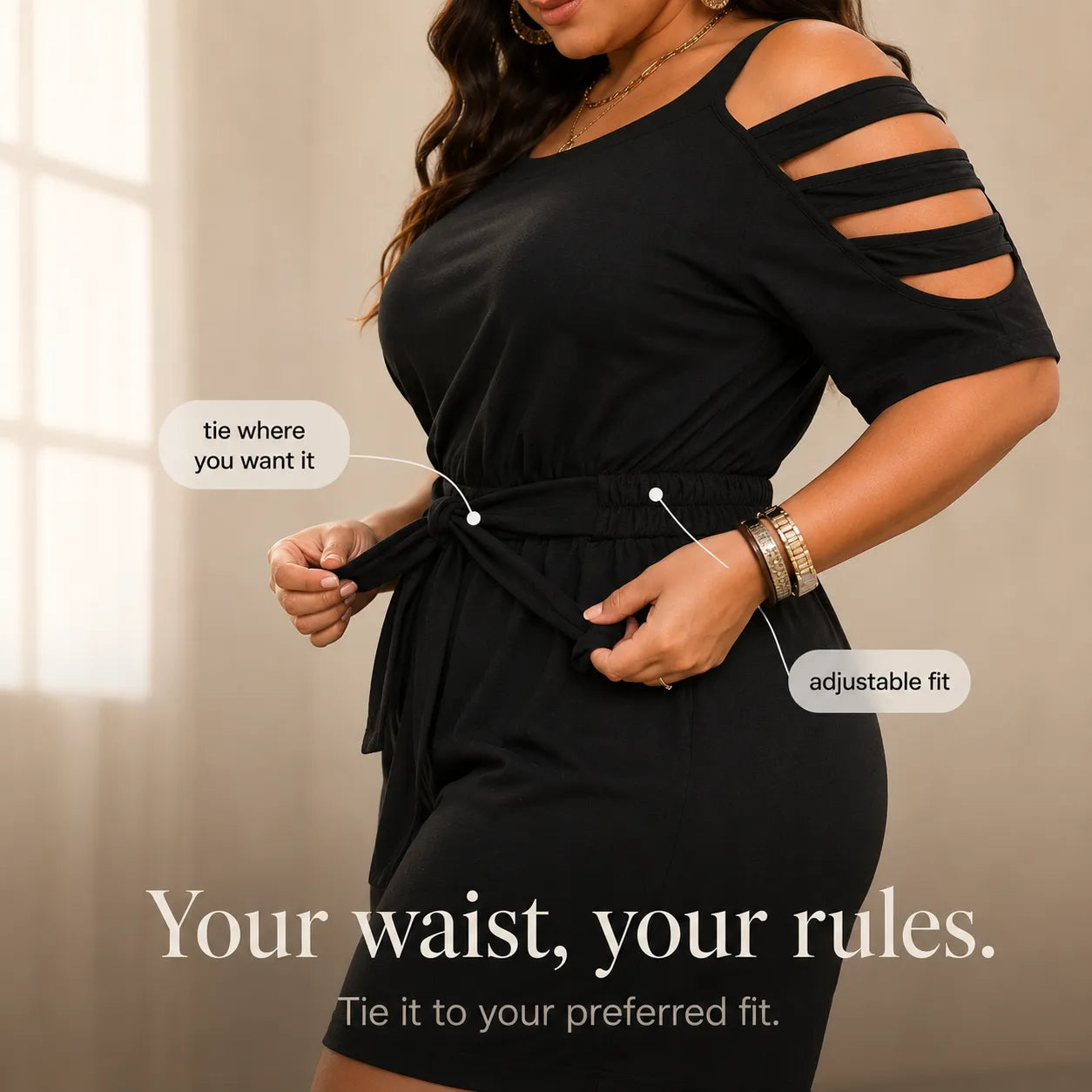Curvella – Cold-Shoulder Belted Romper with Tie Waist & Pockets