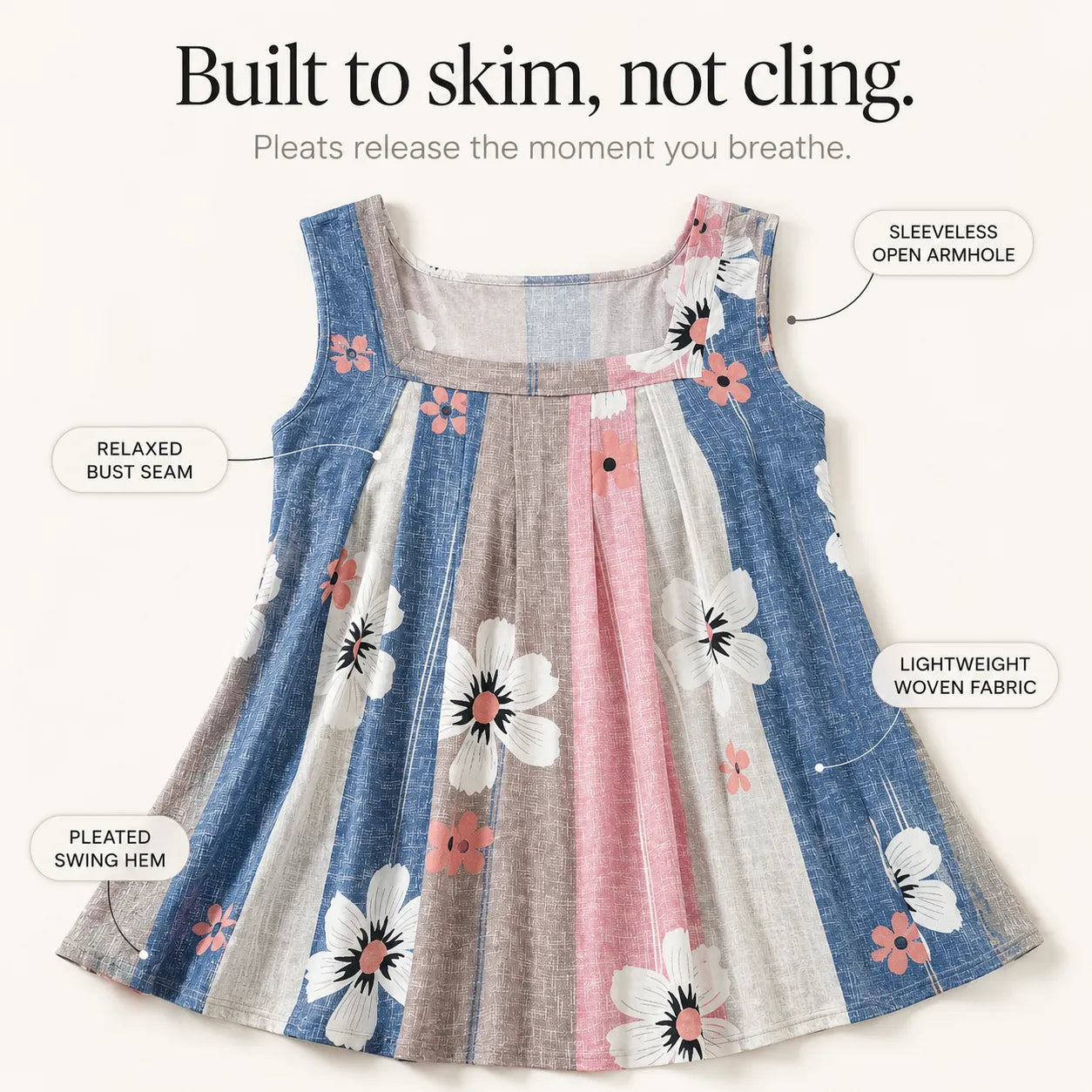 Bellavora – Pleated Square-Neck Swing Tank Top for Women