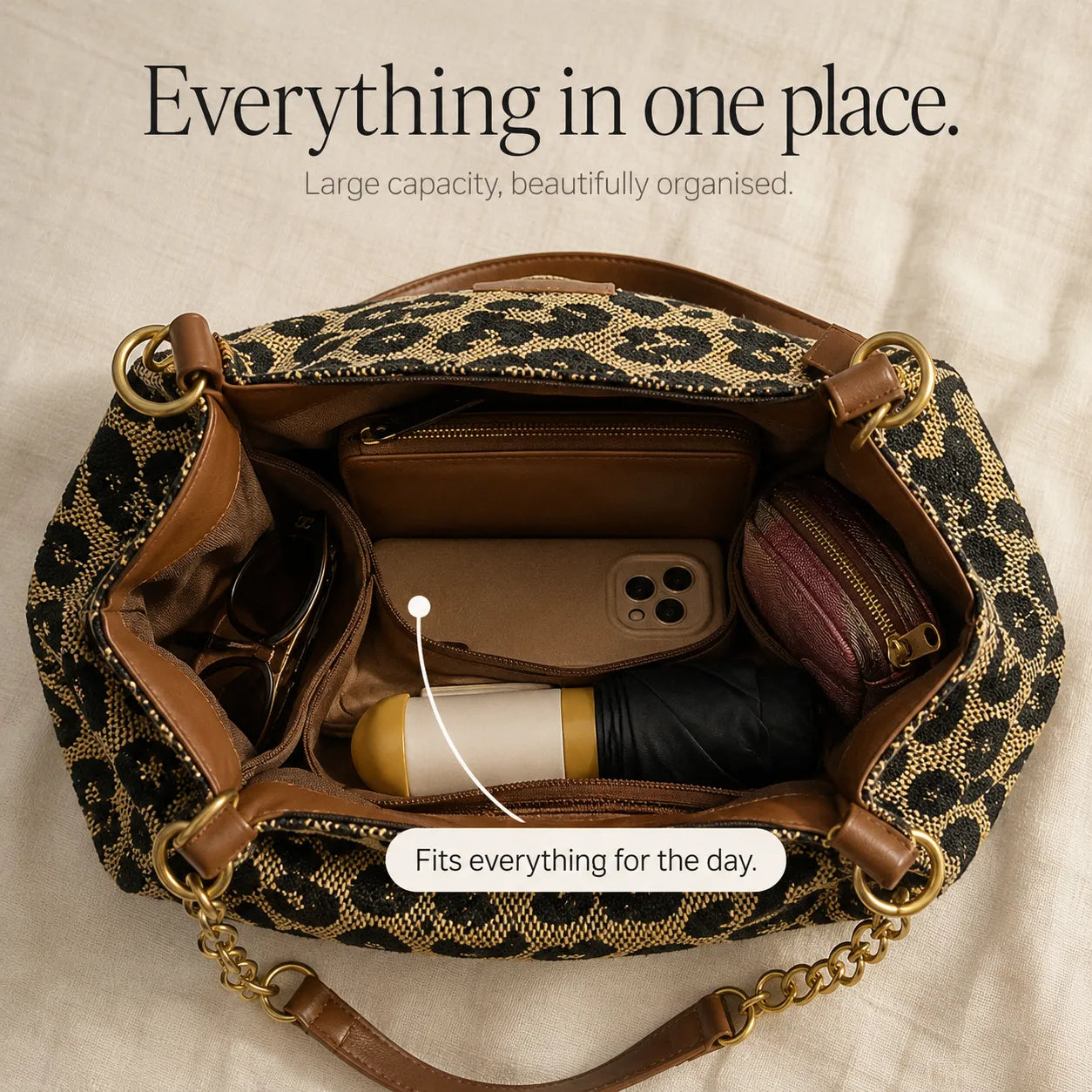 Florella – Woven Leopard Print Tote Bag with Leather Trim and Gold Chain