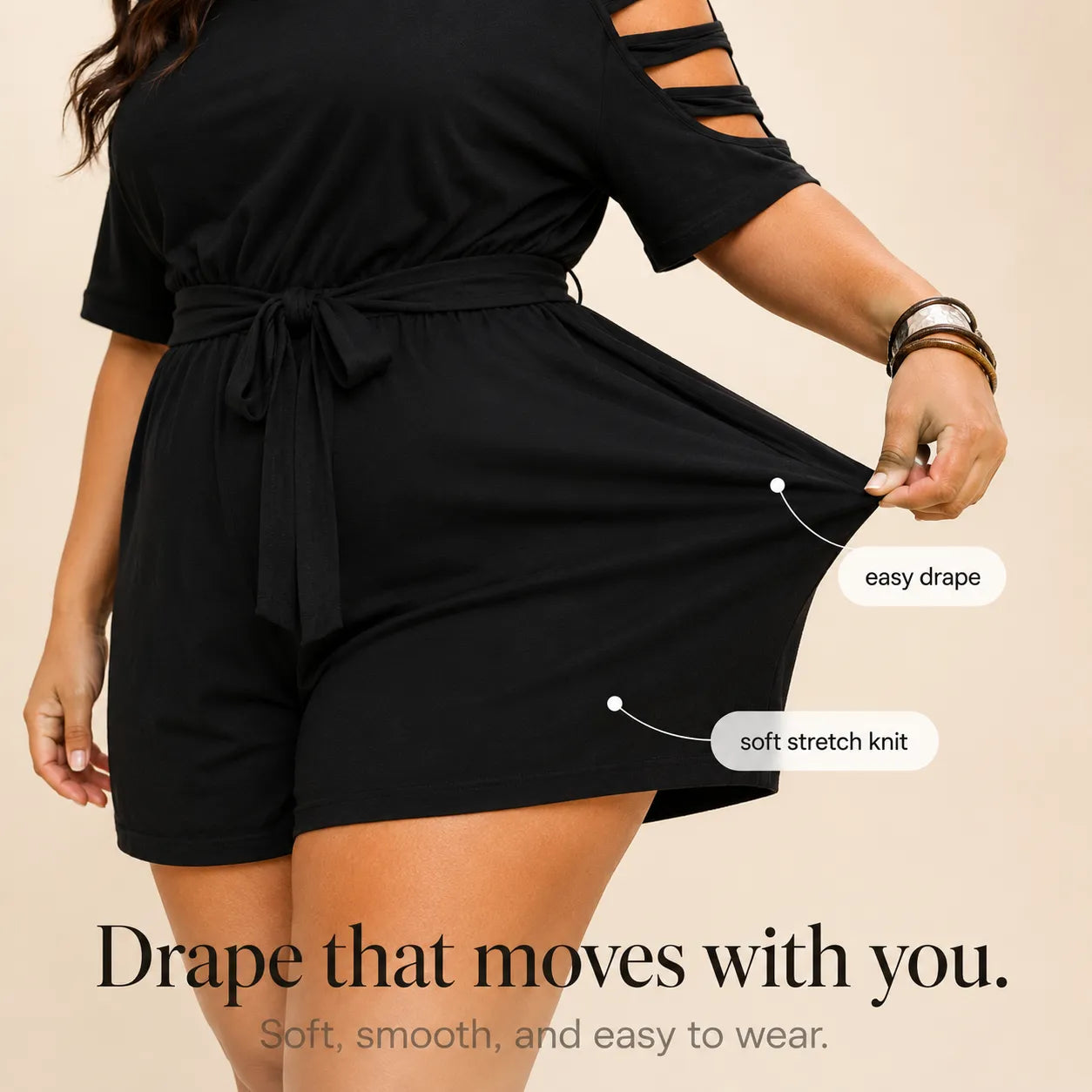 Curvella – Cold-Shoulder Belted Romper with Tie Waist & Pockets