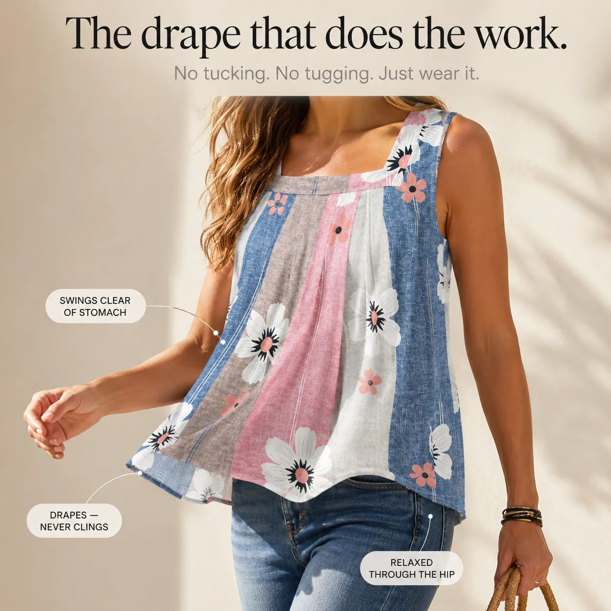 Bellavora – Pleated Square-Neck Swing Tank Top for Women