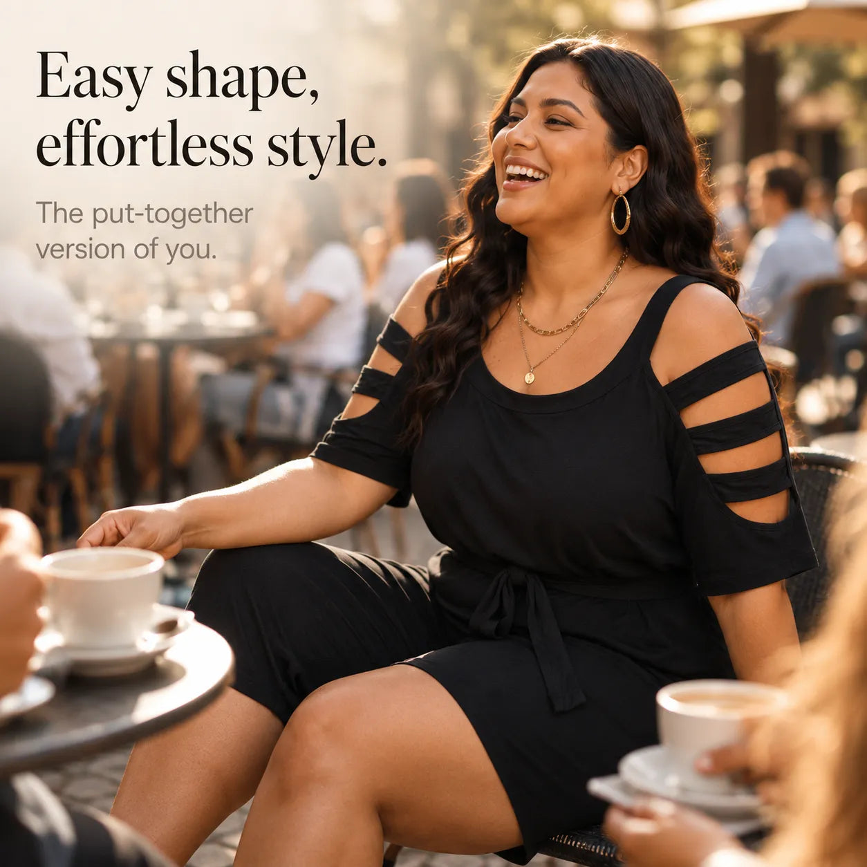 Curvella – Cold-Shoulder Belted Romper with Tie Waist & Pockets