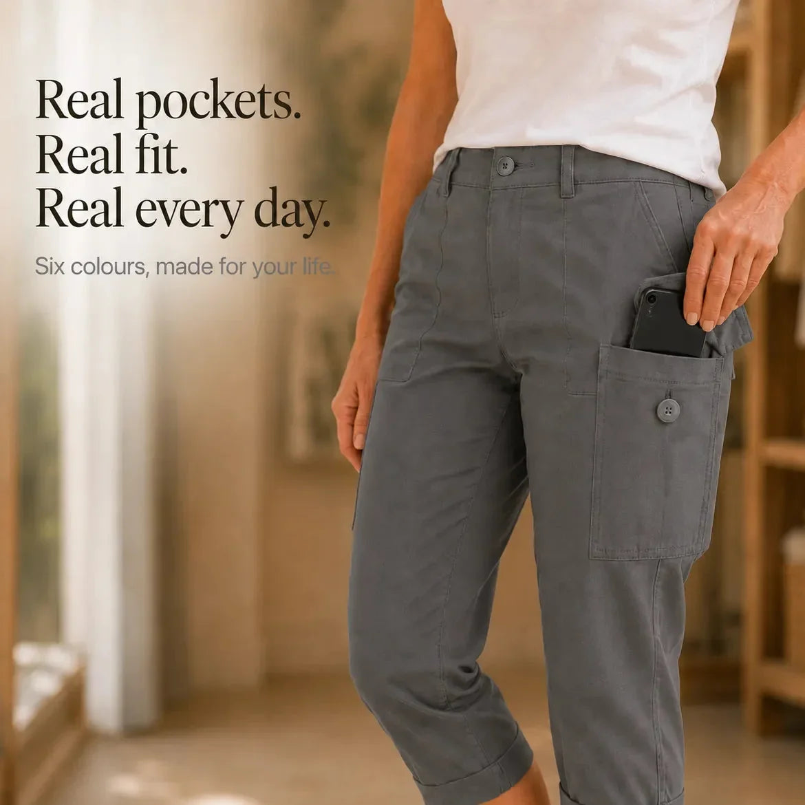 Caliva – Cropped Cargo Capri Pants with Cuffed Hem and Pockets