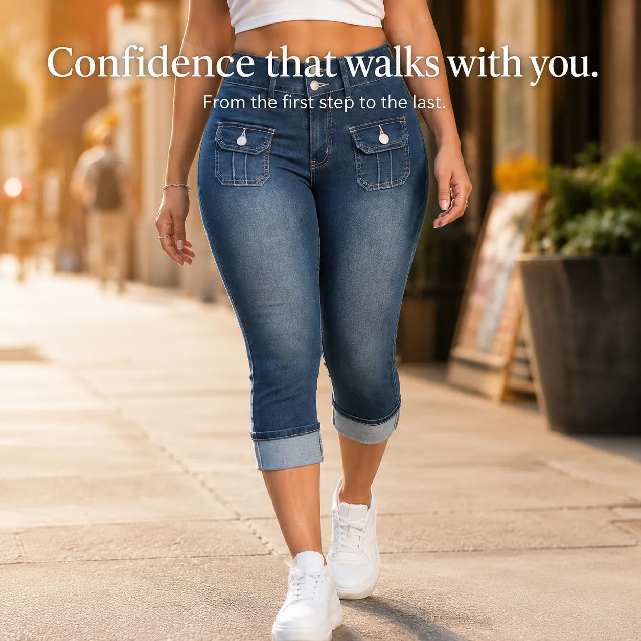 Curvella – Curvy Fit Stretch Denim-like Capri Jeans, Mid Rise Cuffed Hem