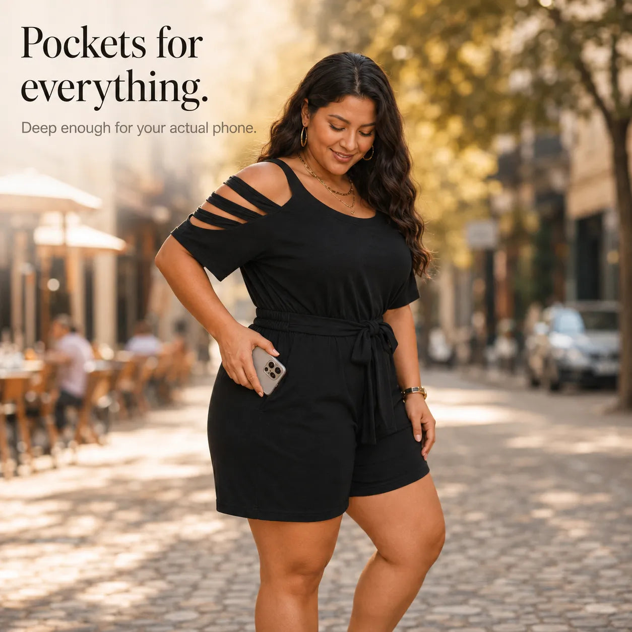 Curvella – Cold-Shoulder Belted Romper with Tie Waist & Pockets