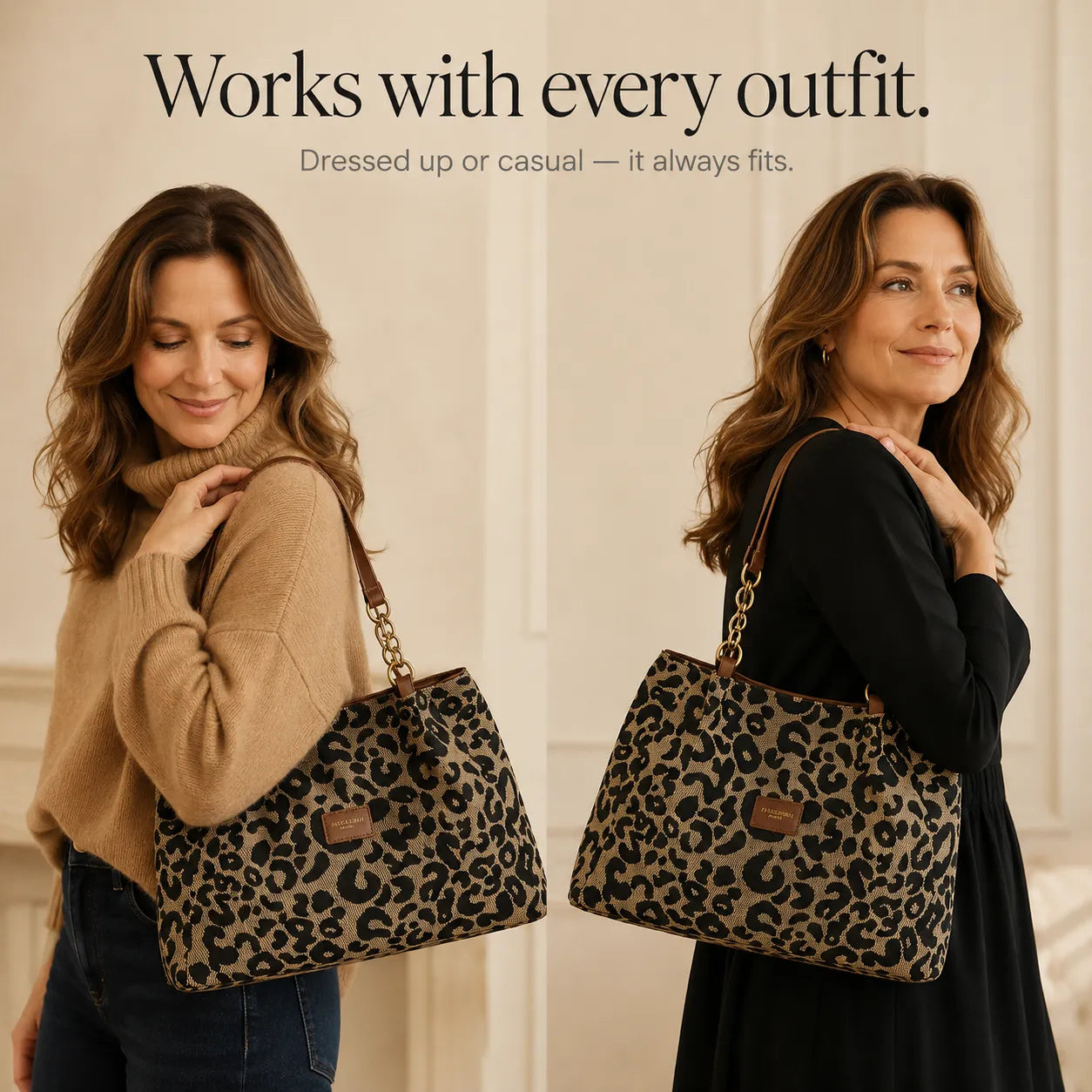 Florella – Woven Leopard Print Tote Bag with Leather Trim and Gold Chain