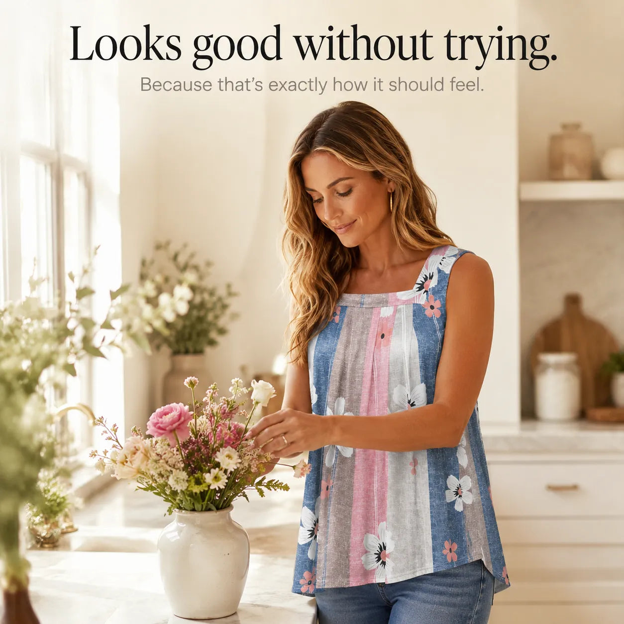 Bellavora – Pleated Square-Neck Swing Tank Top for Women