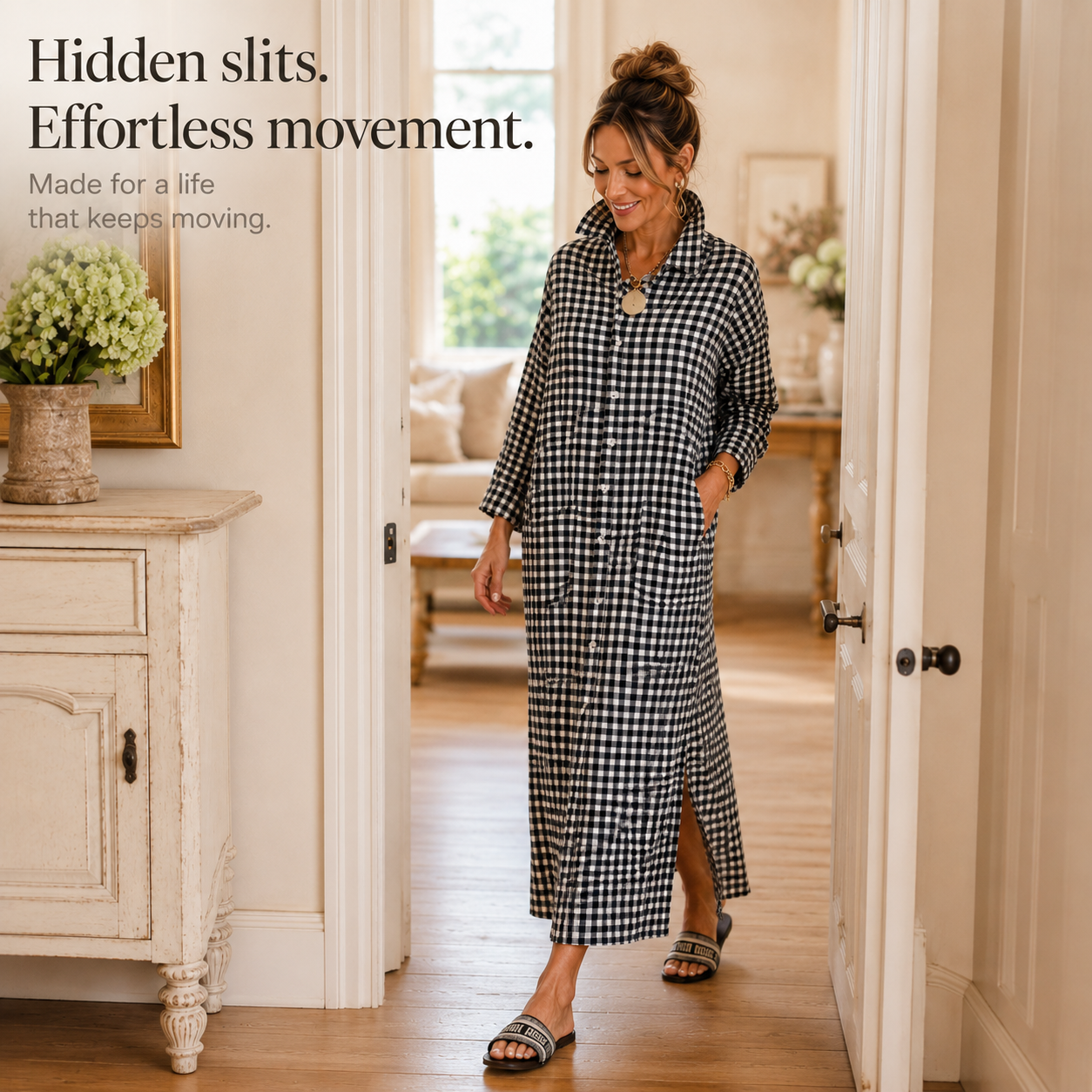 Harlowe – Gingham Button-Front Maxi Shirt Dress with Side Slits