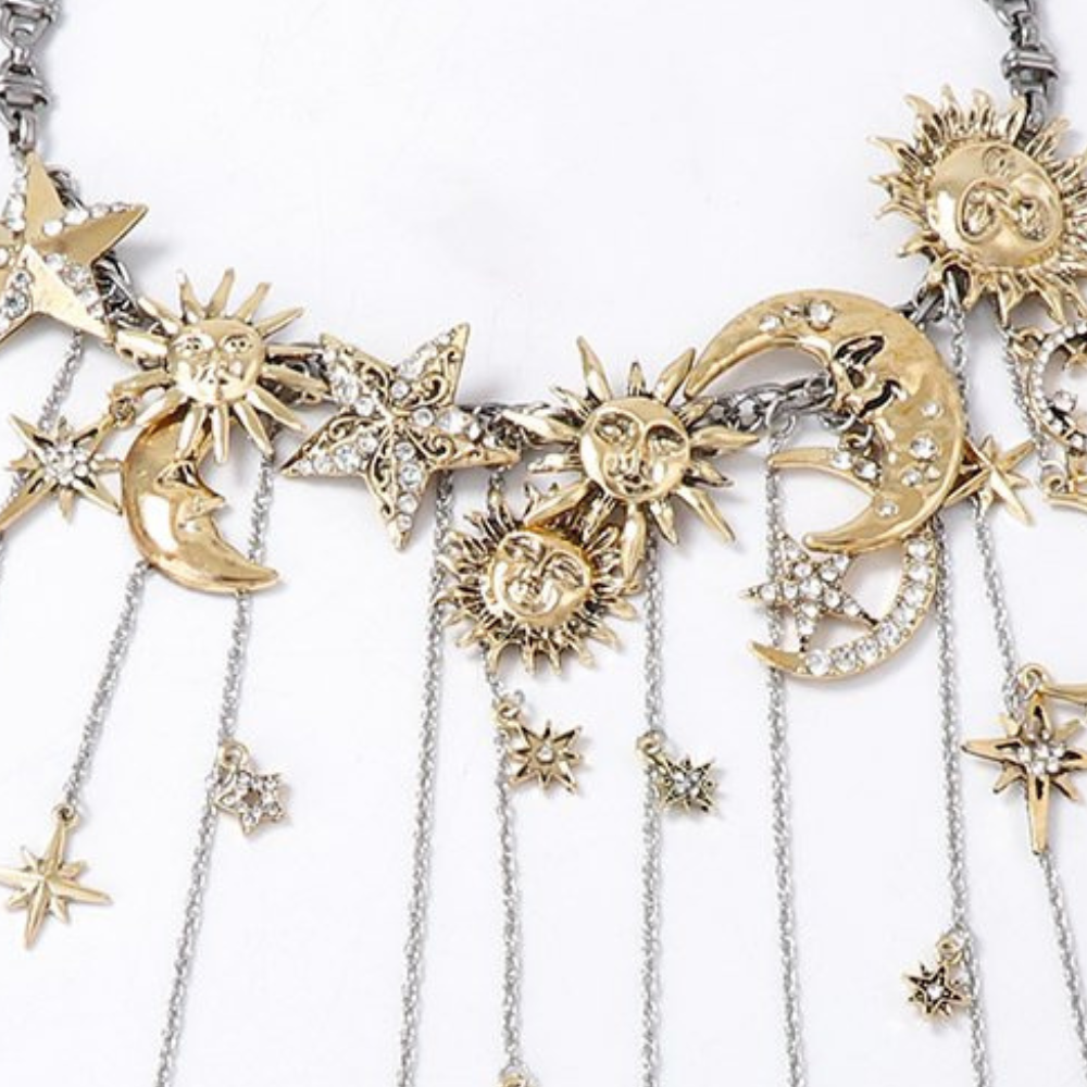 Celestra - Cascading Sun Moon & Star Fringe Necklace