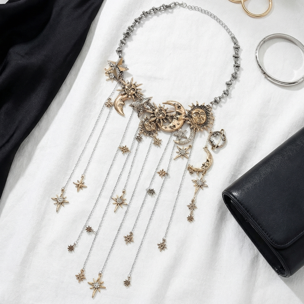 Celestra - Cascading Sun Moon & Star Fringe Necklace
