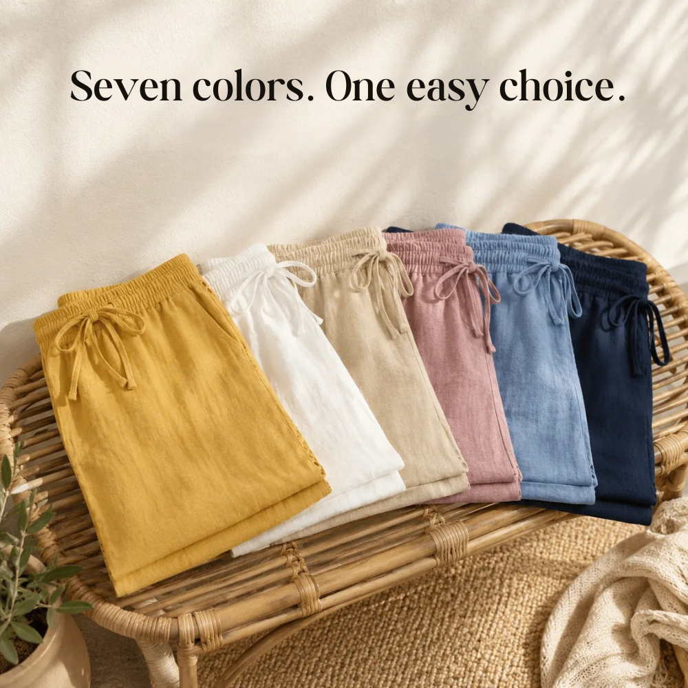 Loravie – Eyelet Trim Cotton-Linen-like Capri Pants with Drawstring Waist