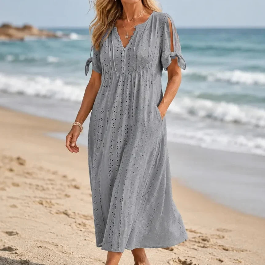 Lunavia – Eyelet V Neck Midi Dress with Tie Sleeves and Pockets